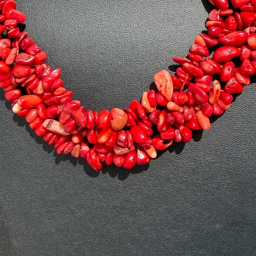 Red Coral Beaded 3 Strand Necklace 16” - Picture 3 of 5
